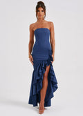 Midnight Cascade Strapless Ruffled Maxi Dress
