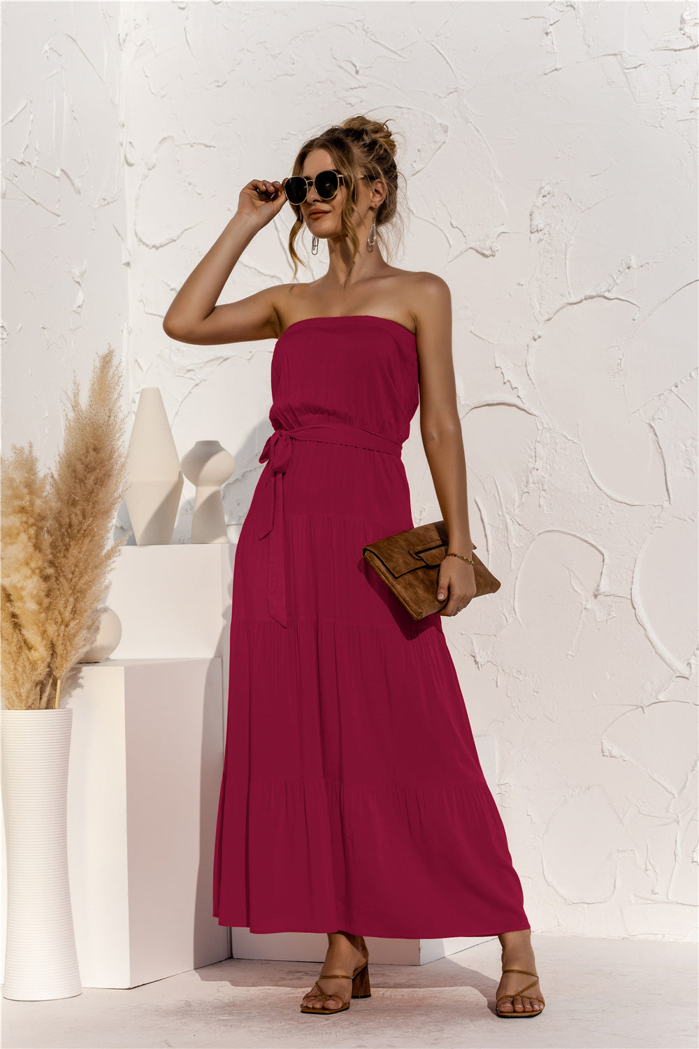 Free Falling Strapless Tiered Maxi Dress Merlot