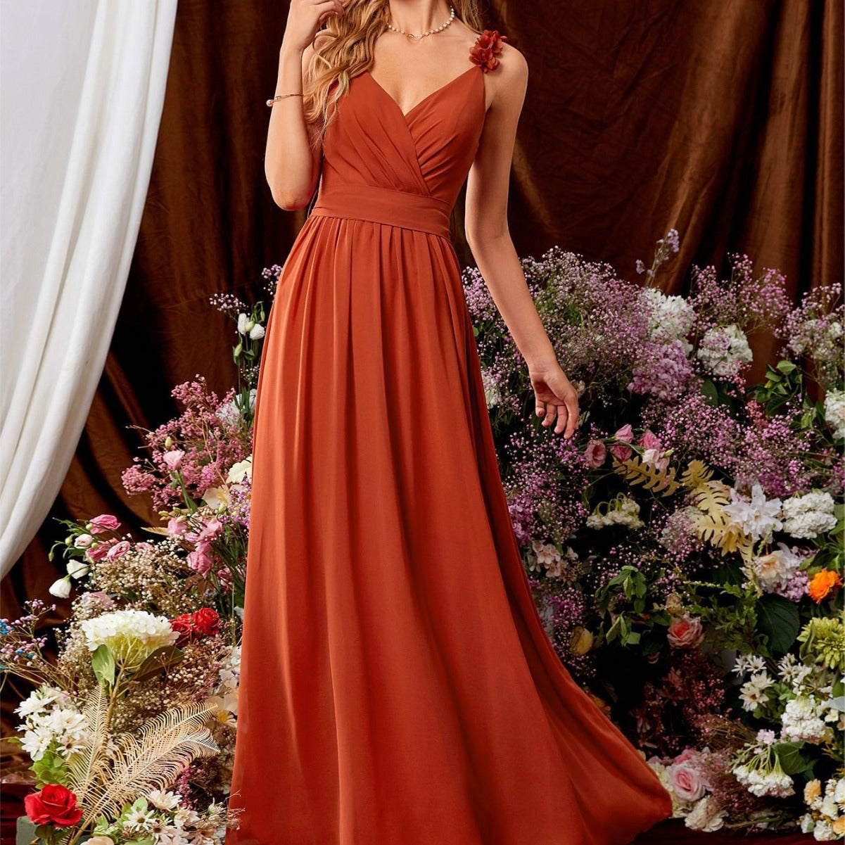 V neck Strap Evening Dress Lace Pleated Backless Sexy Large Swing Dance Dress Party Dress Bridesmaid Dress Summer