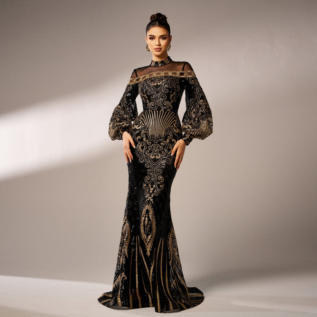 Long Sleeve round Neck Long Sequined Cocktail Mesh Fishtail Evening Dress Bridesmaid Dress