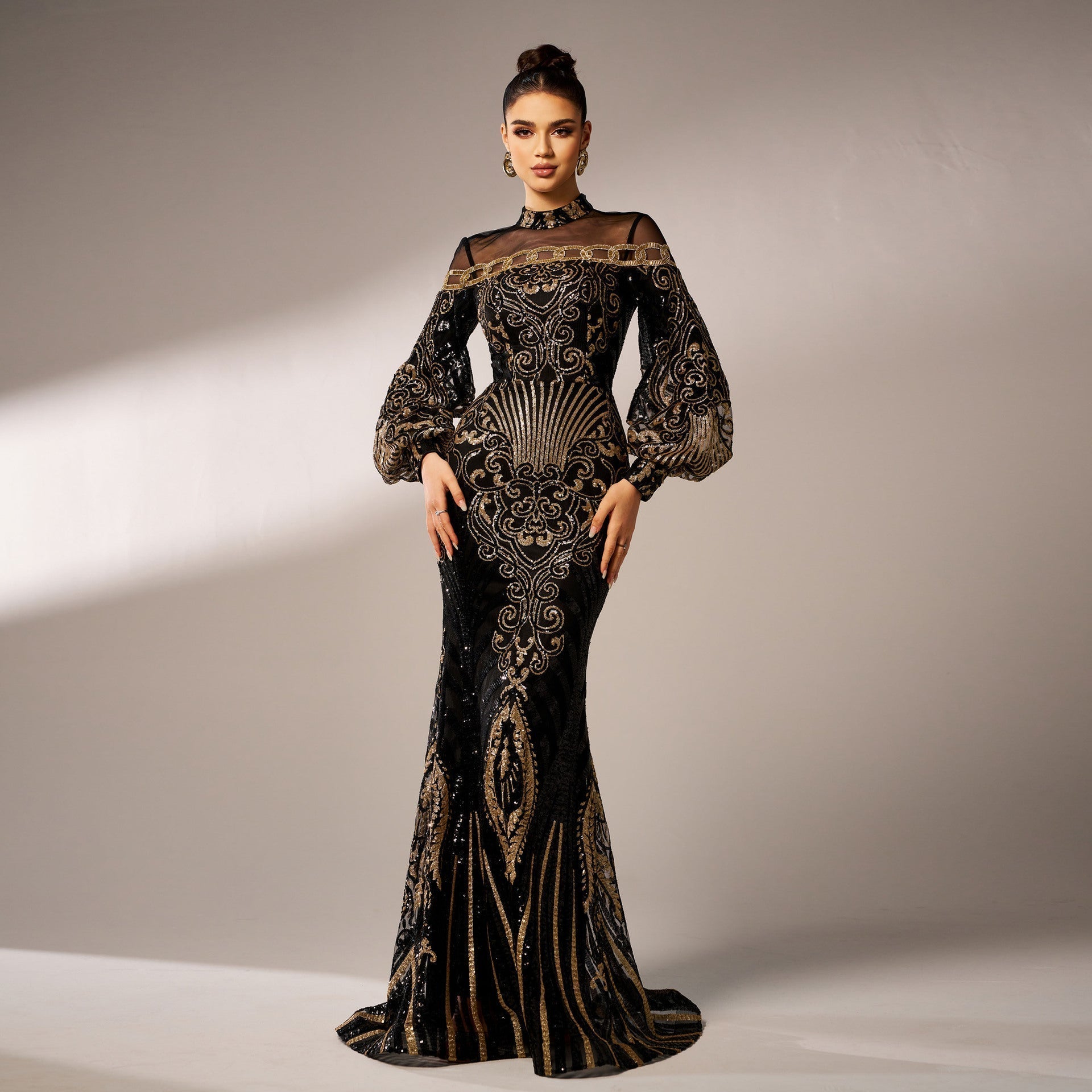 Long Sleeve round Neck Long Sequined Cocktail Mesh Fishtail Evening Dress Bridesmaid Dress