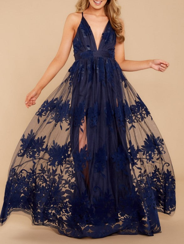 Crossing Paths Velvet Tulle Maxi Dress Navy FINAL