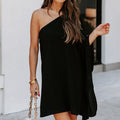 Sonja One Shoulder Asymmetrical Midi Dress Black FINAL