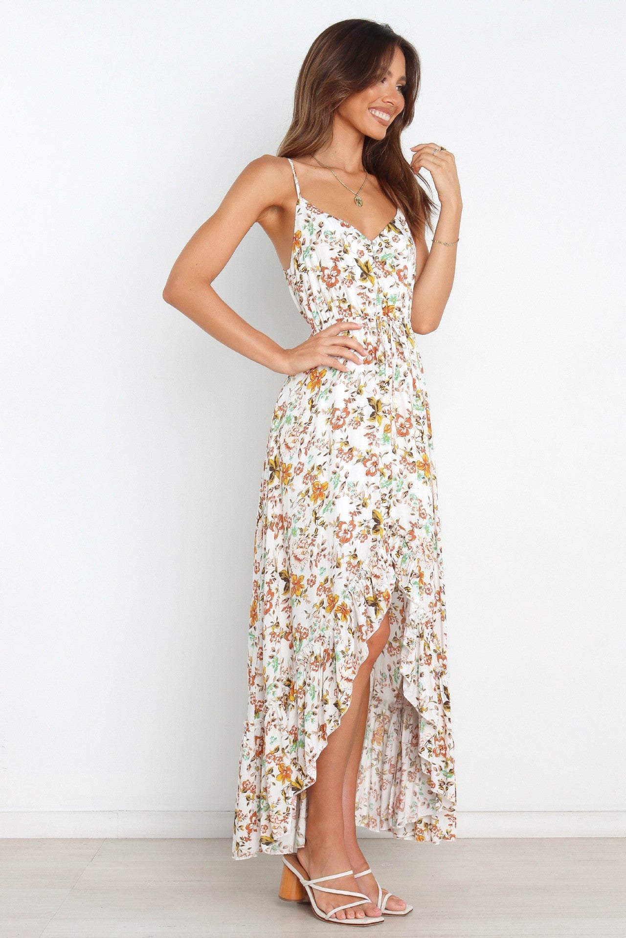 Bingham Satin Floral Ruffle Maxi Dress Cream