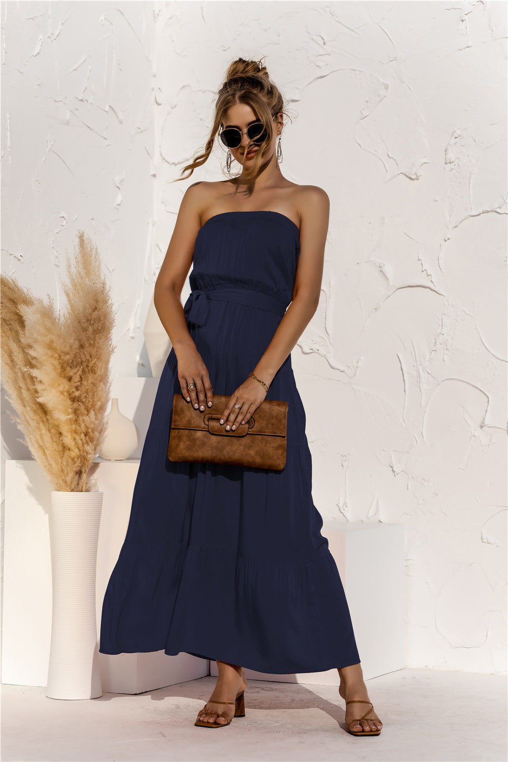 Free Falling Strapless Tiered Maxi Dress Deep Navy