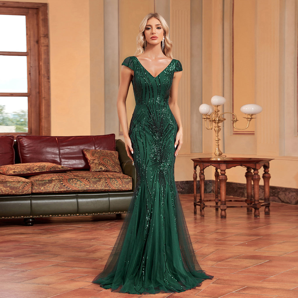Green Beaded Dress Long Slim Fishtail Bridesmaid Cocktail Evening Dress for Women