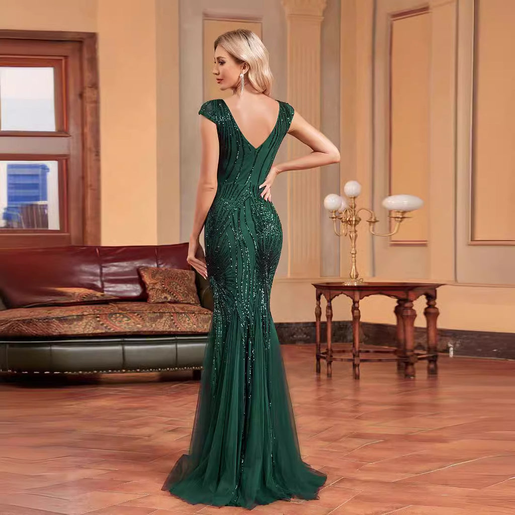 Green Beaded Dress Long Slim Fishtail Bridesmaid Cocktail Evening Dress for Women