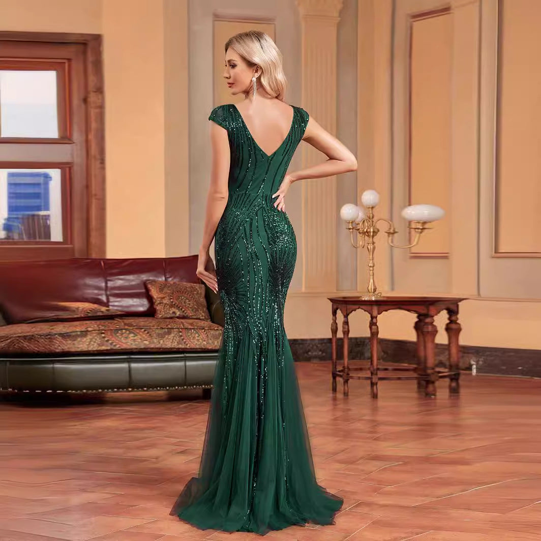 Green Beaded Dress Long Slim Fishtail Bridesmaid Cocktail Evening Dress for Women