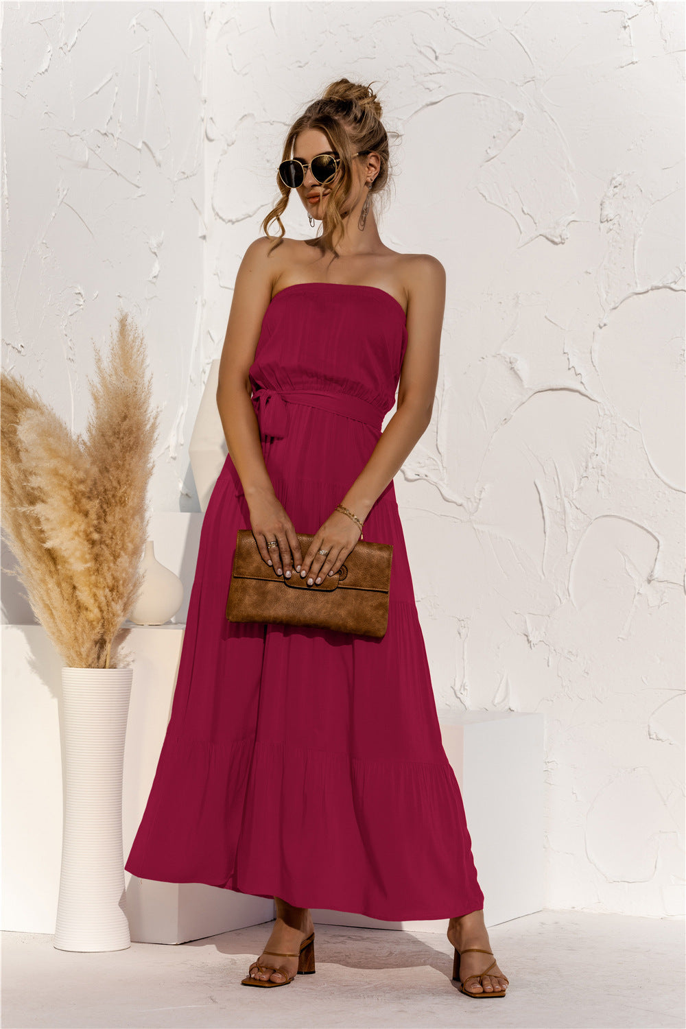 Free Falling Strapless Tiered Maxi Dress Merlot