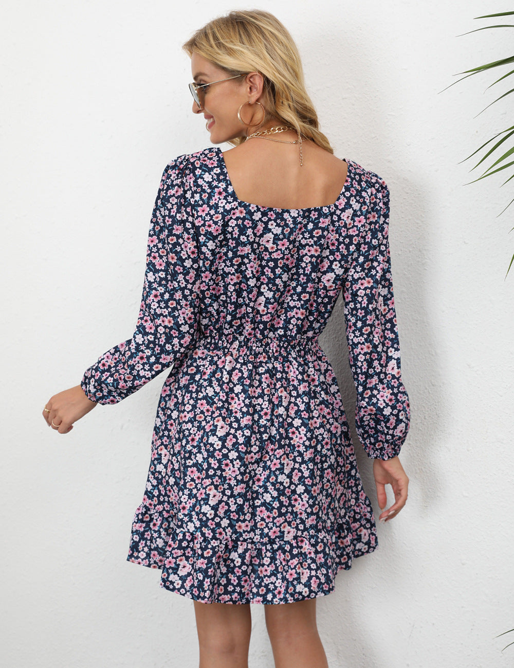 Emilia Printed Square Neck Mini Dress Navy Specks