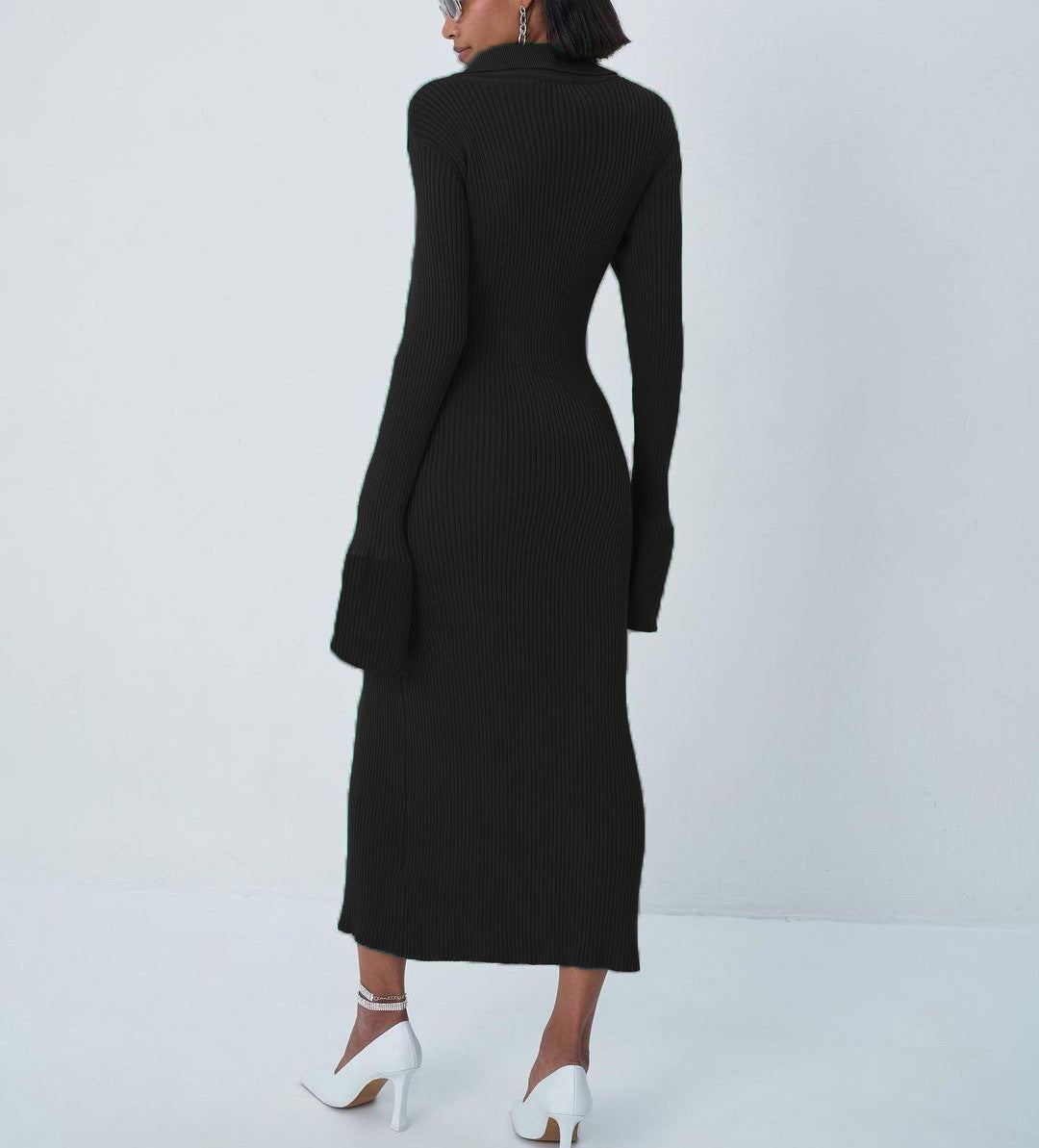 Praia Cotton Blend Ribbed Button Down Midi Dress Black FINAL