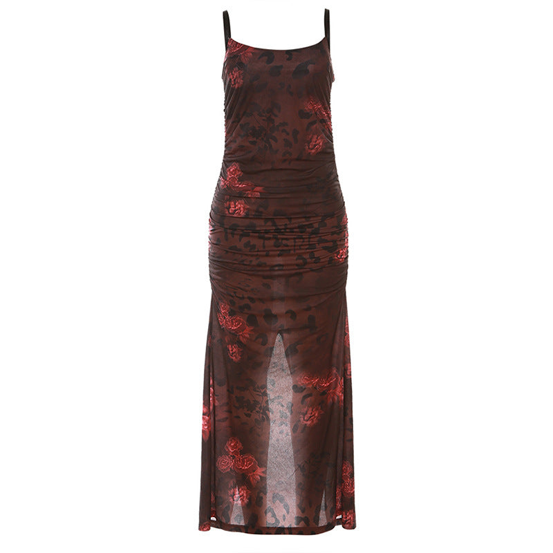 Suspenders Slim Retro Floral Print Slit Sheath Elegant Dress