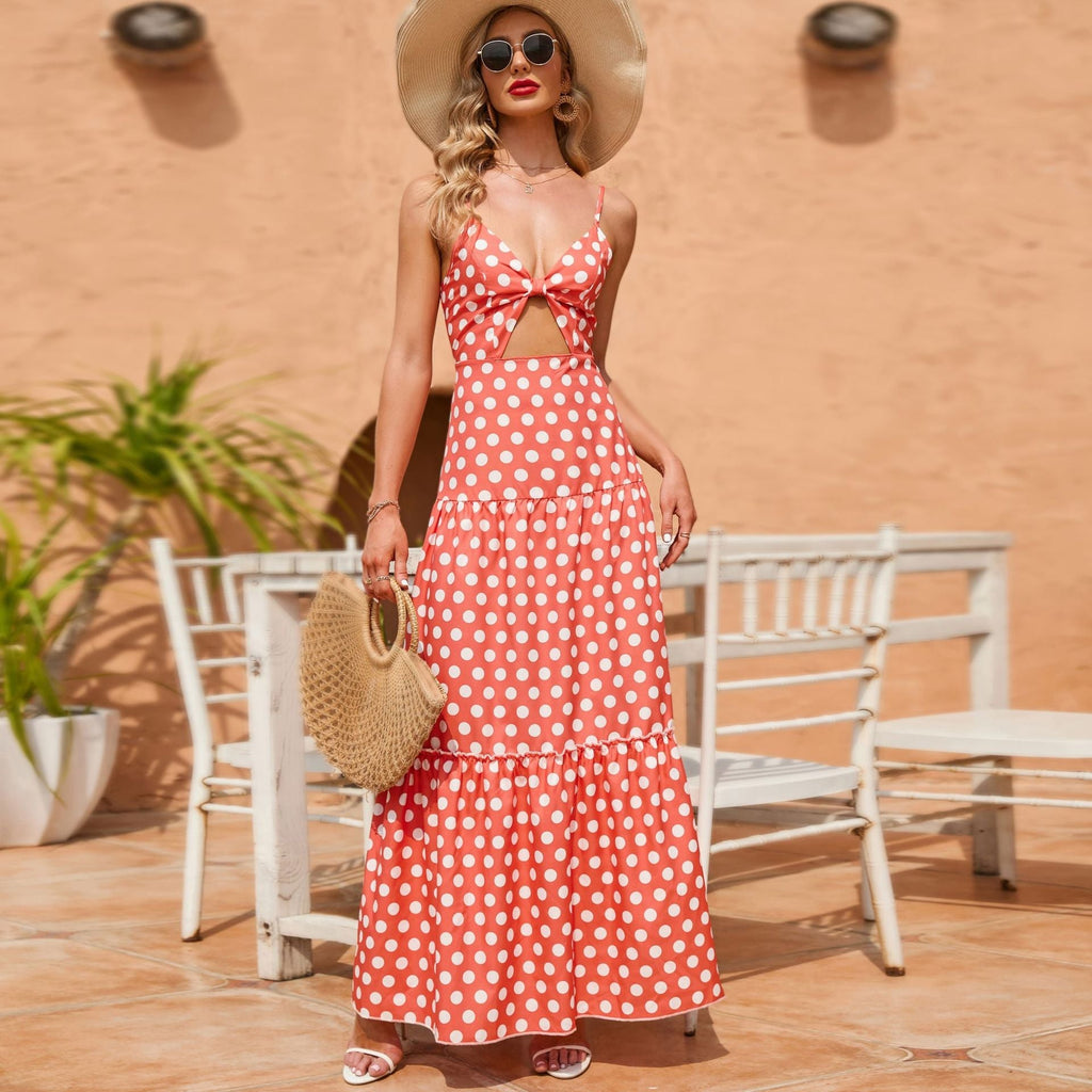 Torrie Polka Dot Tie Front Maxi Dress Rust FINAL