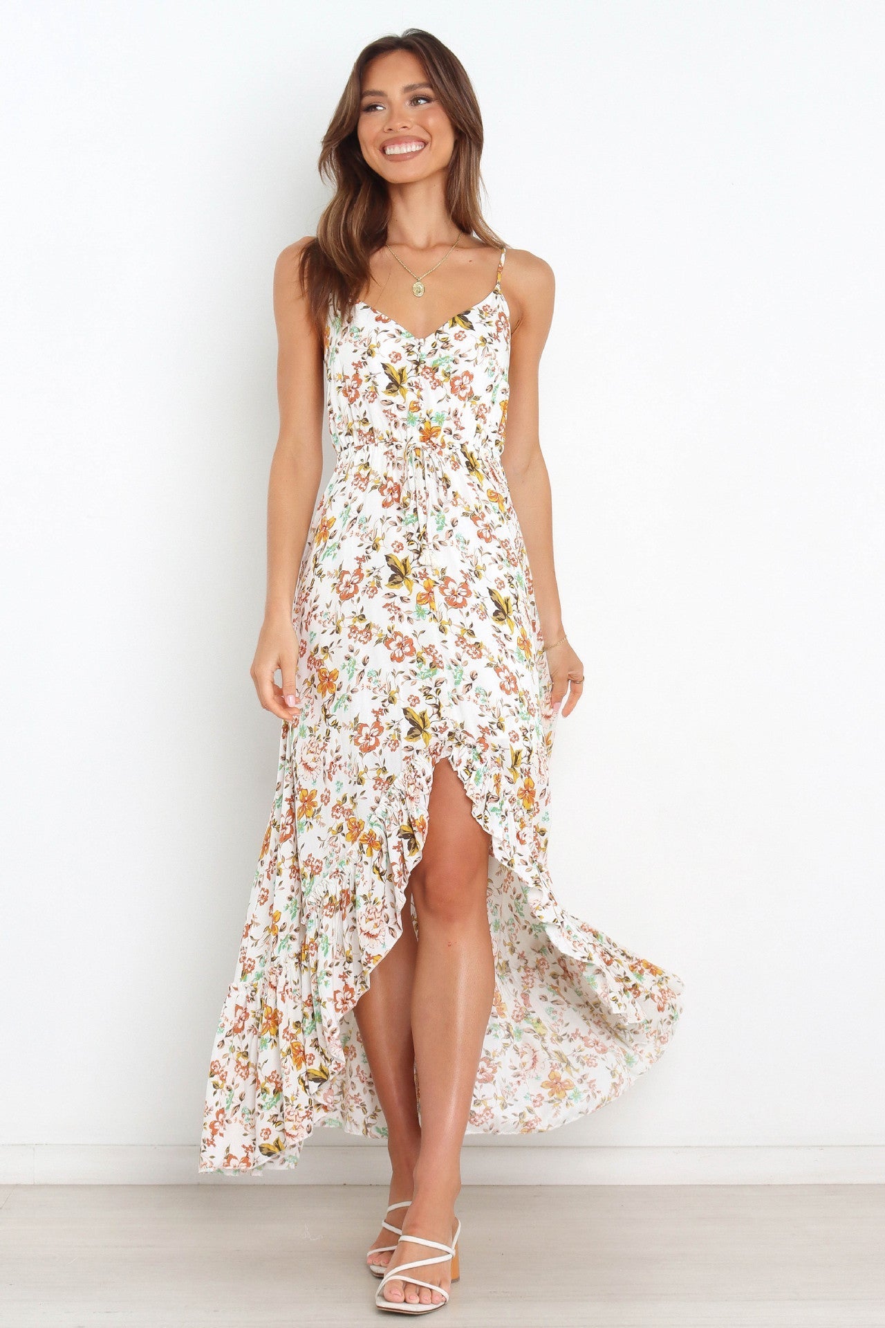 Bingham Satin Floral Ruffle Maxi Dress Cream