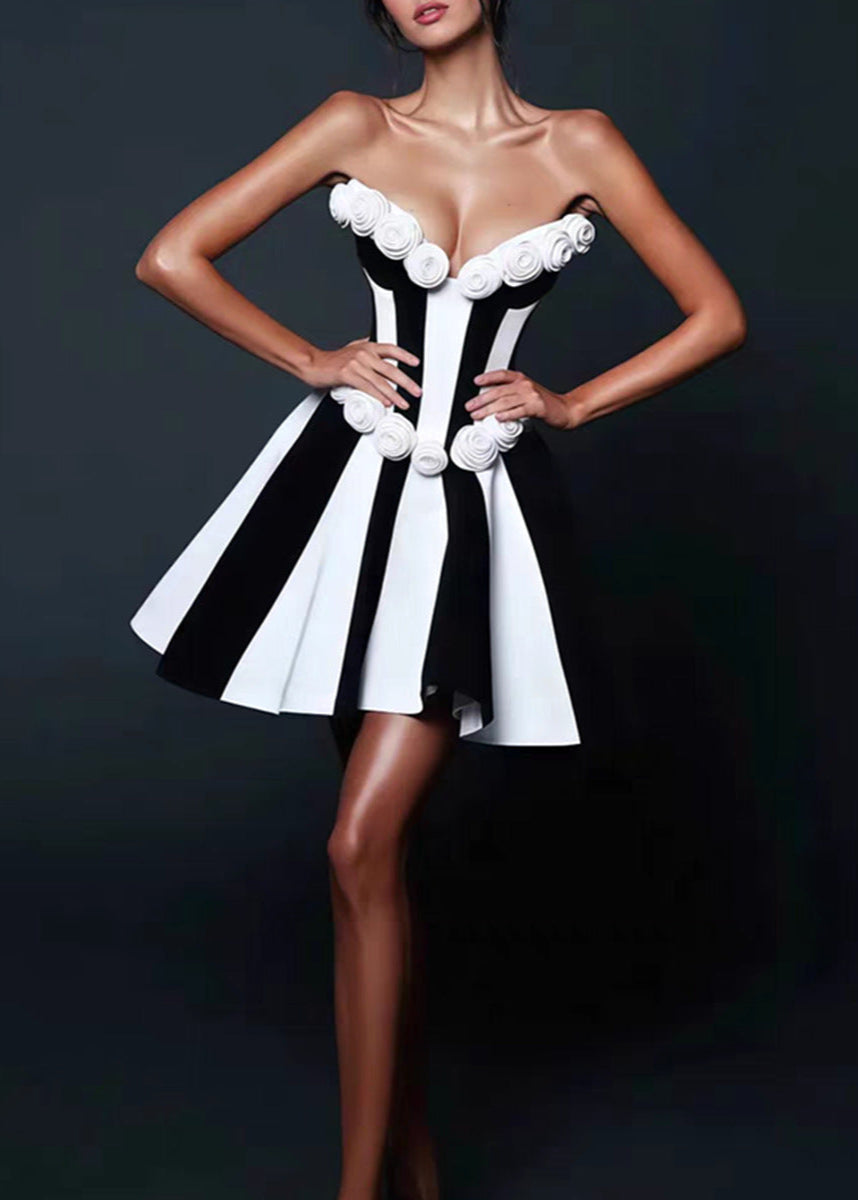 Monet Strapless Rosette Mini Dress Black & White Sculpted Fit and Flare