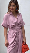 Essence Satin Tie Front Midi Shirt Dress Lavender