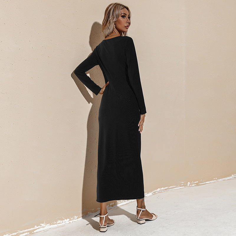 Alexina Long Sleeve Ribbed Knit Maxi Dress Black FINAL