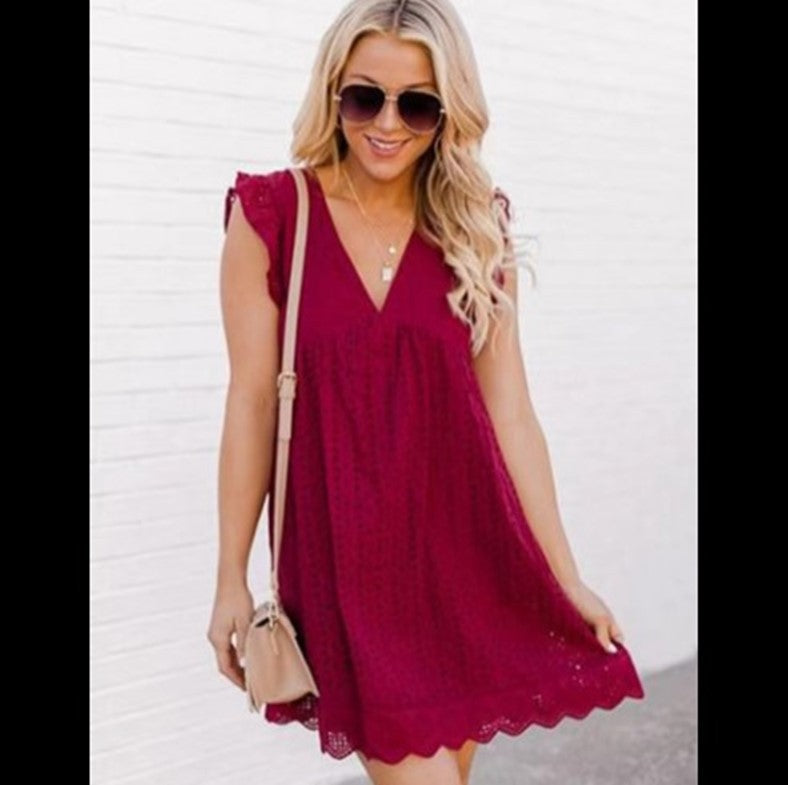 Pam Cotton Pocketed Tiered Eyelet Dress Red