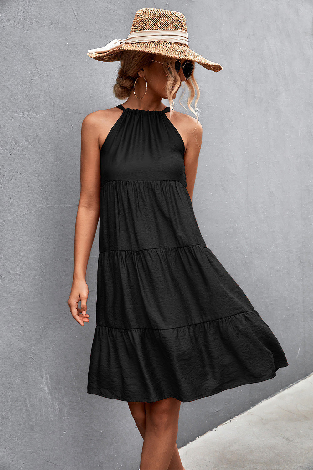 Southern Nights Tiered Halter Dress Black