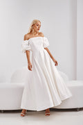 Yen Pocketed Off The Shoulder Smocked Midi Dress Off White