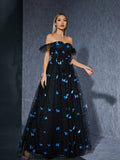 Black off Shoulder Dress Butterfly Embroidered Mesh Niche Cocktail Party Evening Dress
