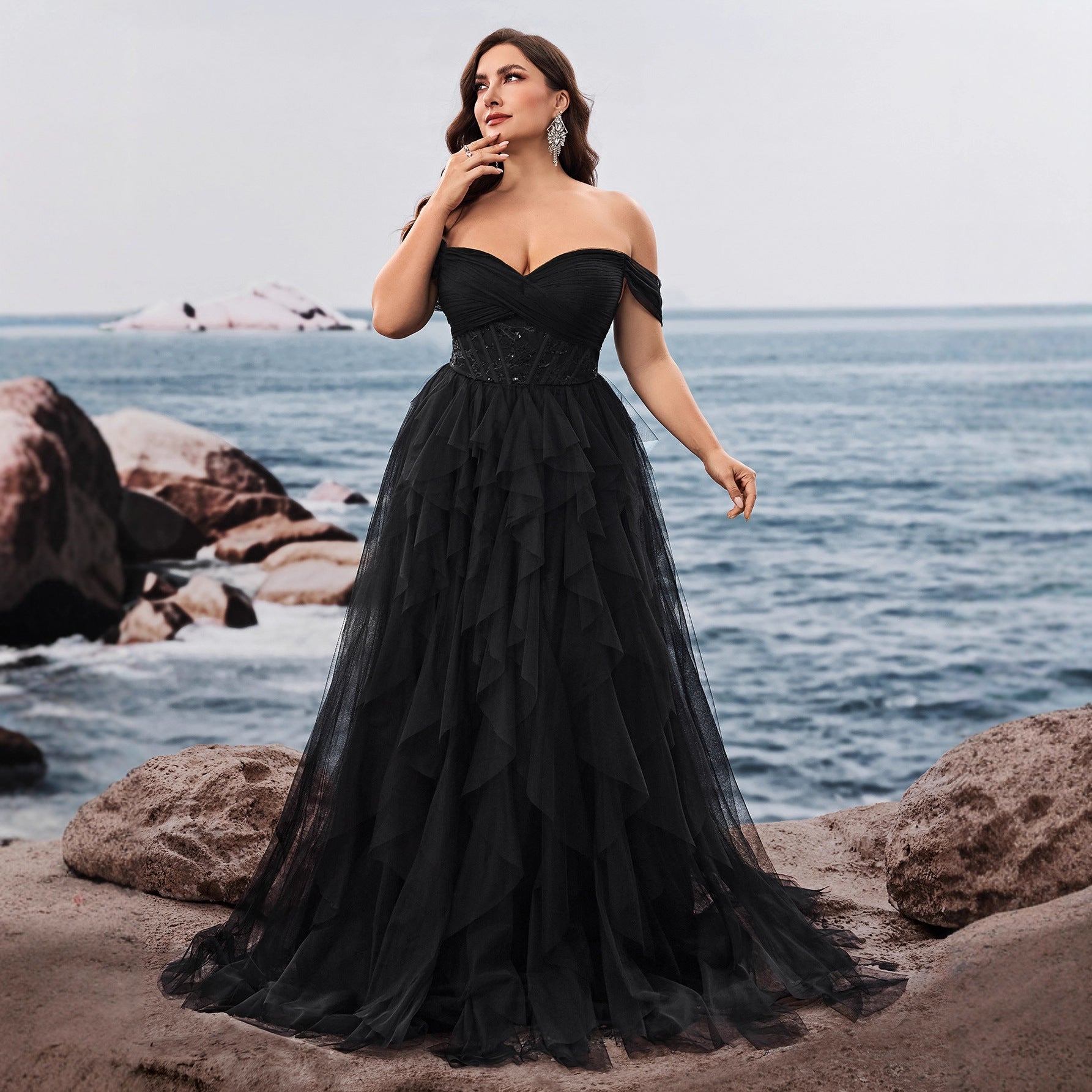 Plus Size Clothes Elegant Cold Shoulder Elegant Cocktail Party Dinner Dress Luxury Bridesmaid Graduation Dress Tiered Dress