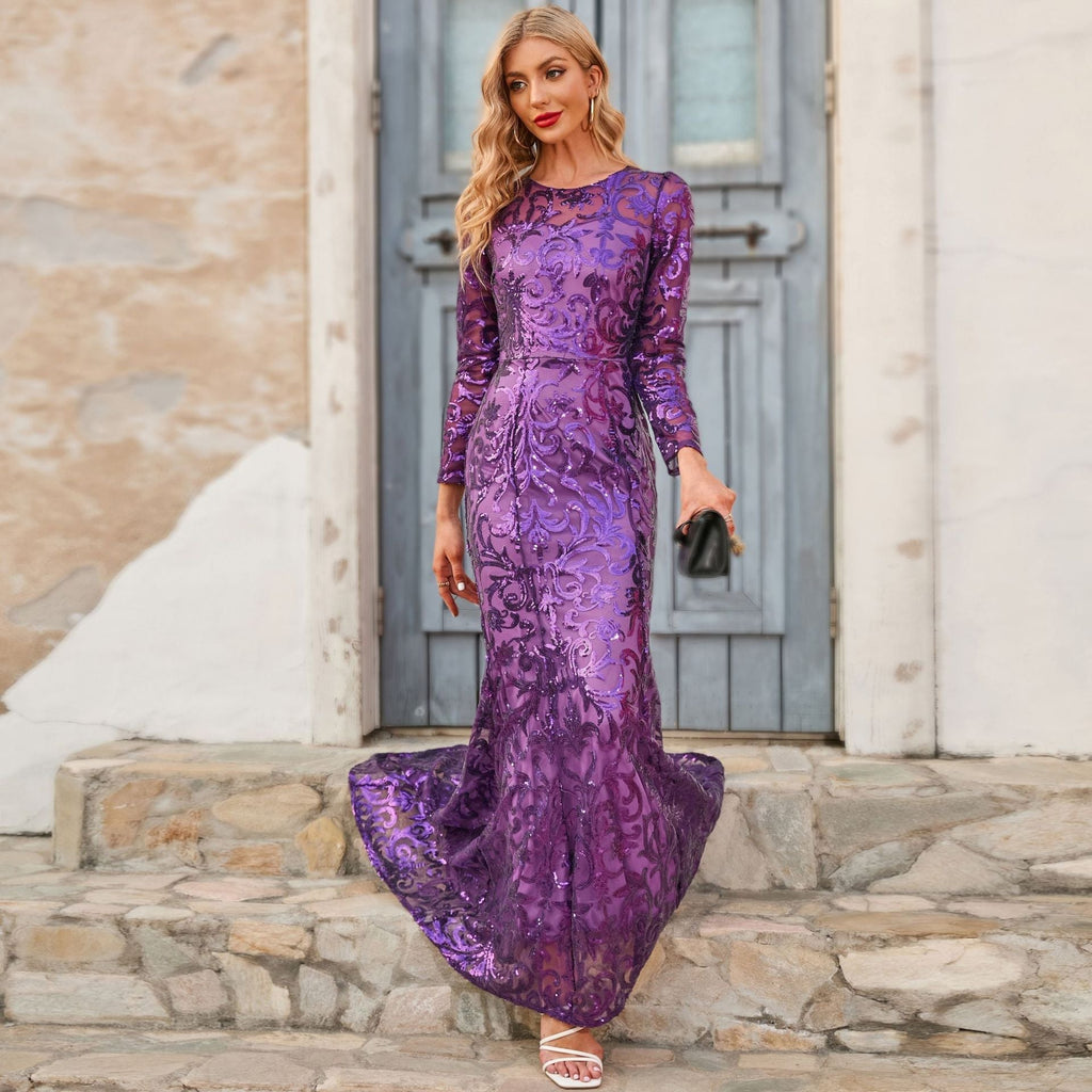 Sequined Dress Purple Crew Neck Long Evening Dress Long Sleeve Dress
