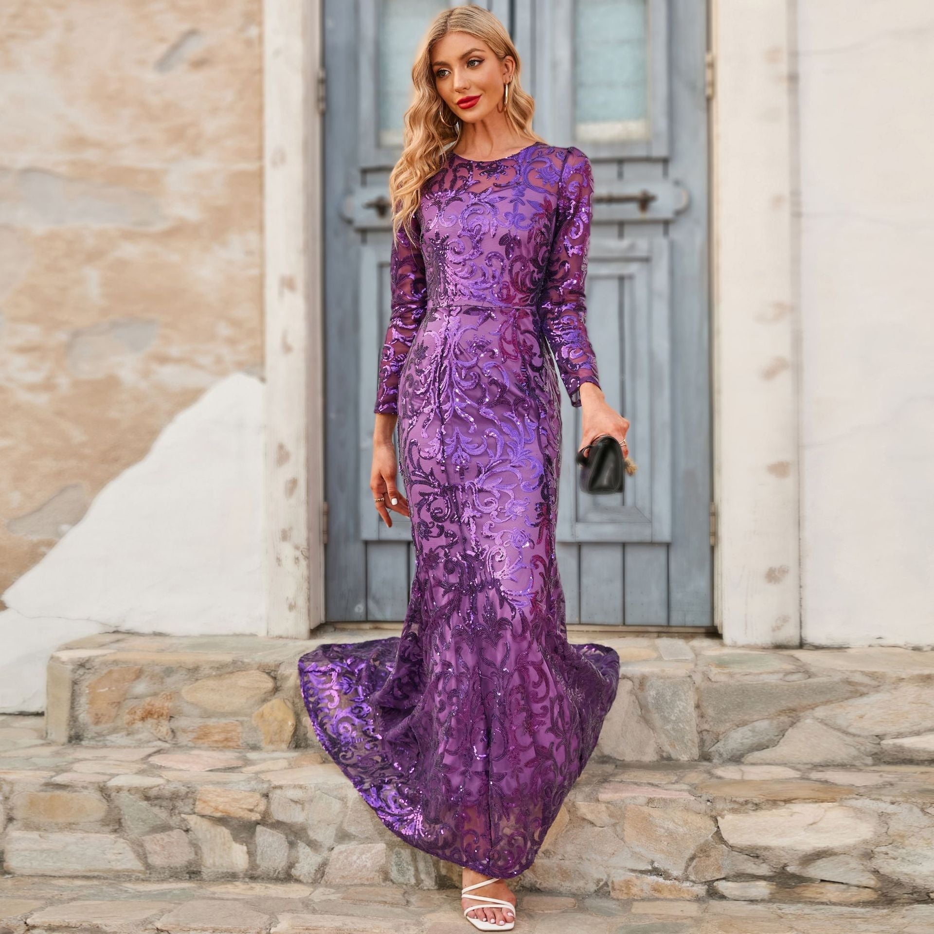 Sequined Dress Purple Crew Neck Long Evening Dress Long Sleeve Dress
