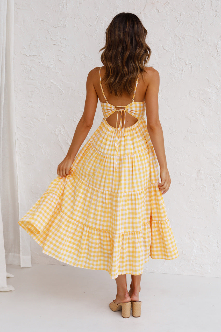 Kinslee Smocked Gingham High Low Maxi Dress Yellow