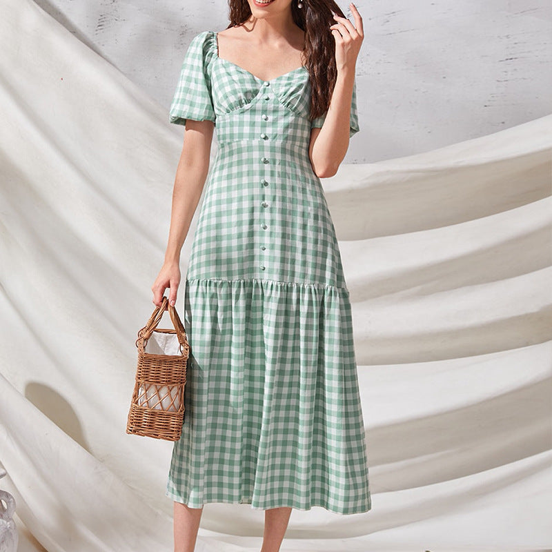 Rye Puff Sleeve Gingham Midi Dress Hunter Green