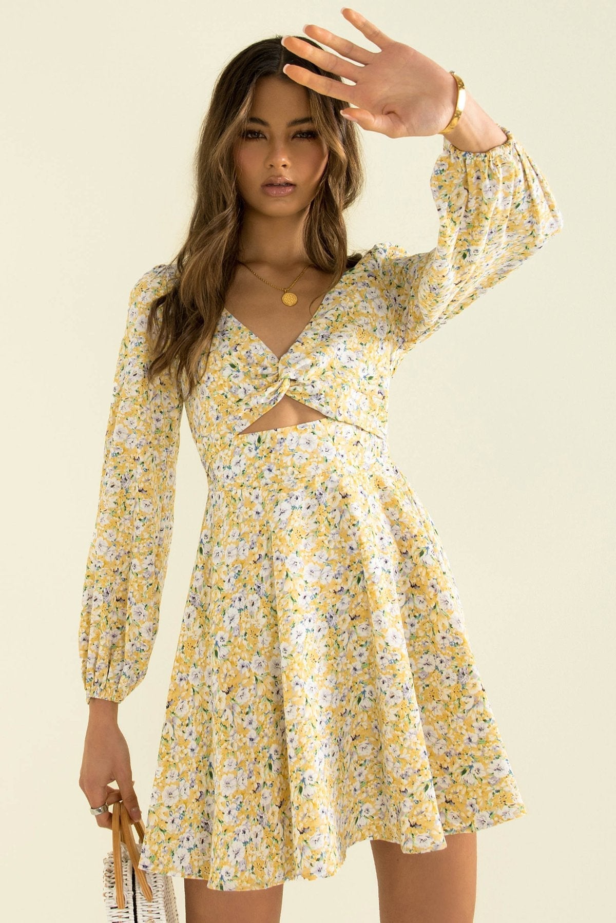 Inner Sunset Floral Smocked Cutout Dress Sage
