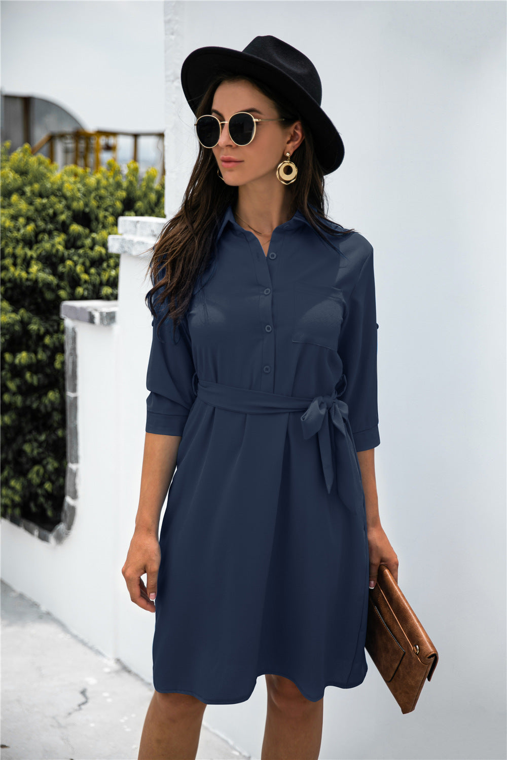 Office Chic Button Down Shirt Dress Navy