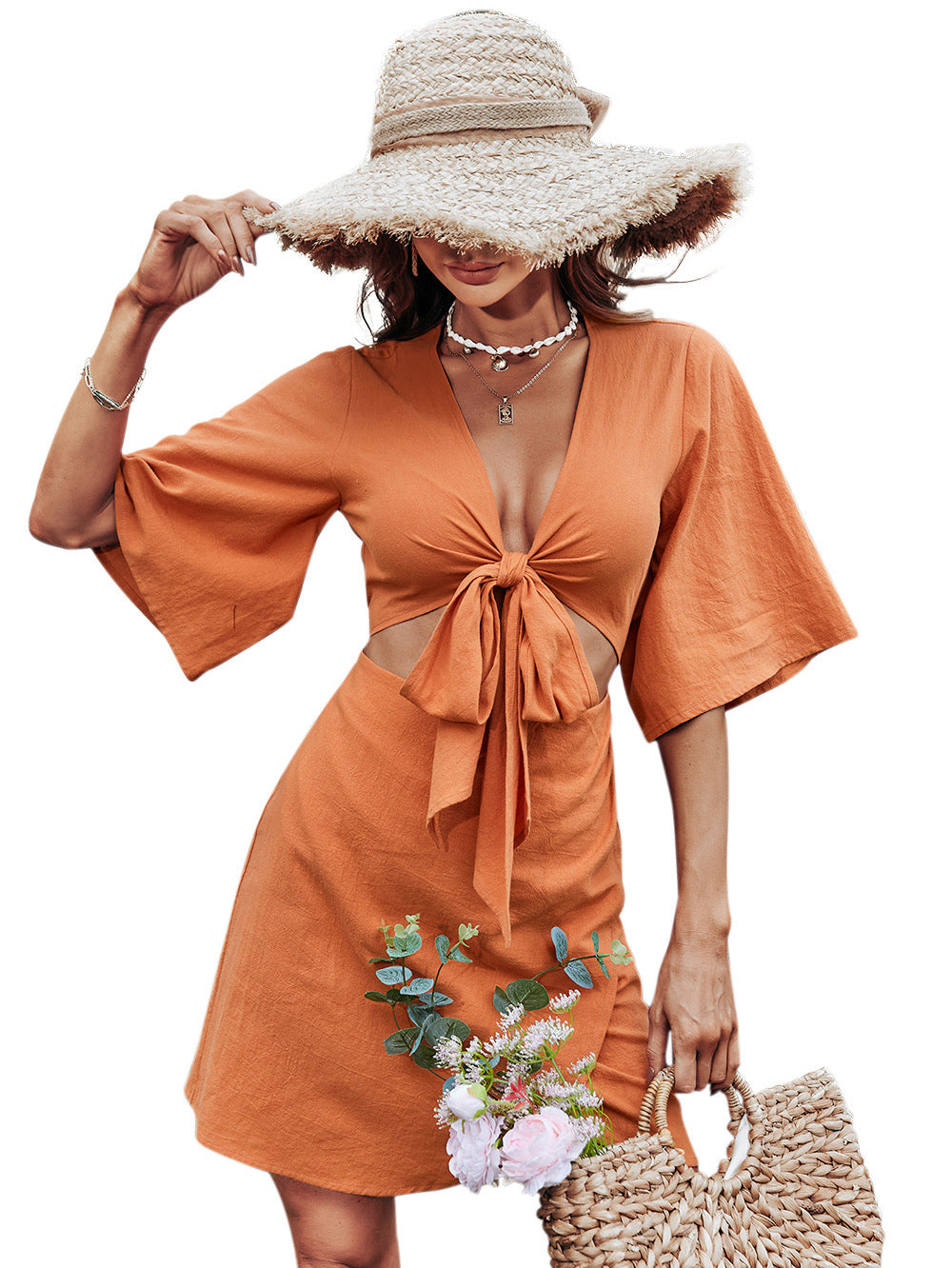 Jenner Linen Blend Tie Front Cutout Midi Dress Orange
