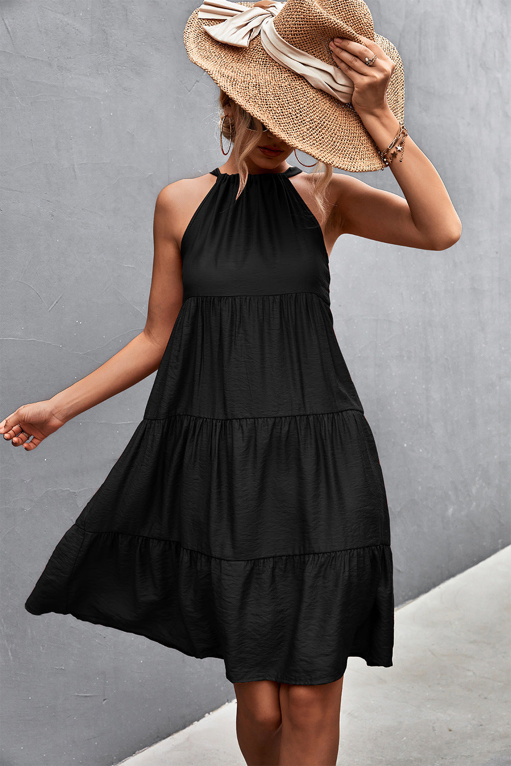 Southern Nights Tiered Halter Dress Black