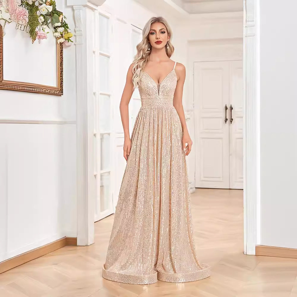 Sequined Sexy Backless Evening Dress Deep V Plunge neck Bridesmaid Dress Party Formal Dress Cocktail Women
