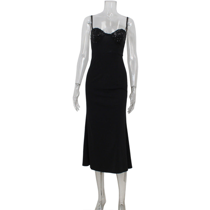 Sequin Stitching Tube Top Cinched Waist Light Luxury Cocktail Evening Dress Fishtail Sheath Cami Dress