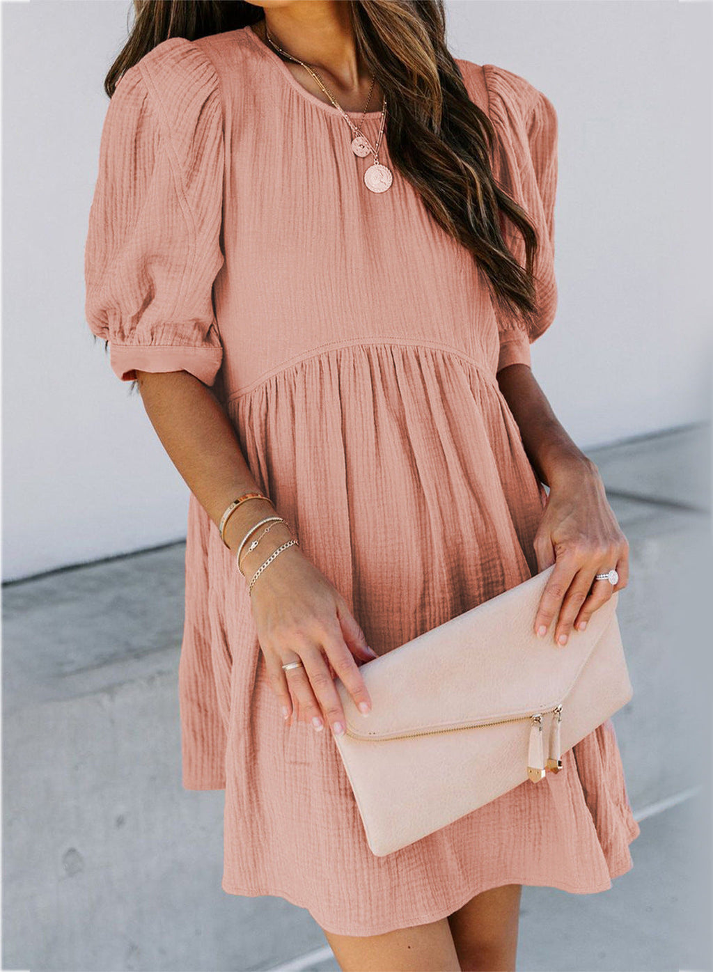 Marketa Puff Sleeve Babydoll Dress Orange