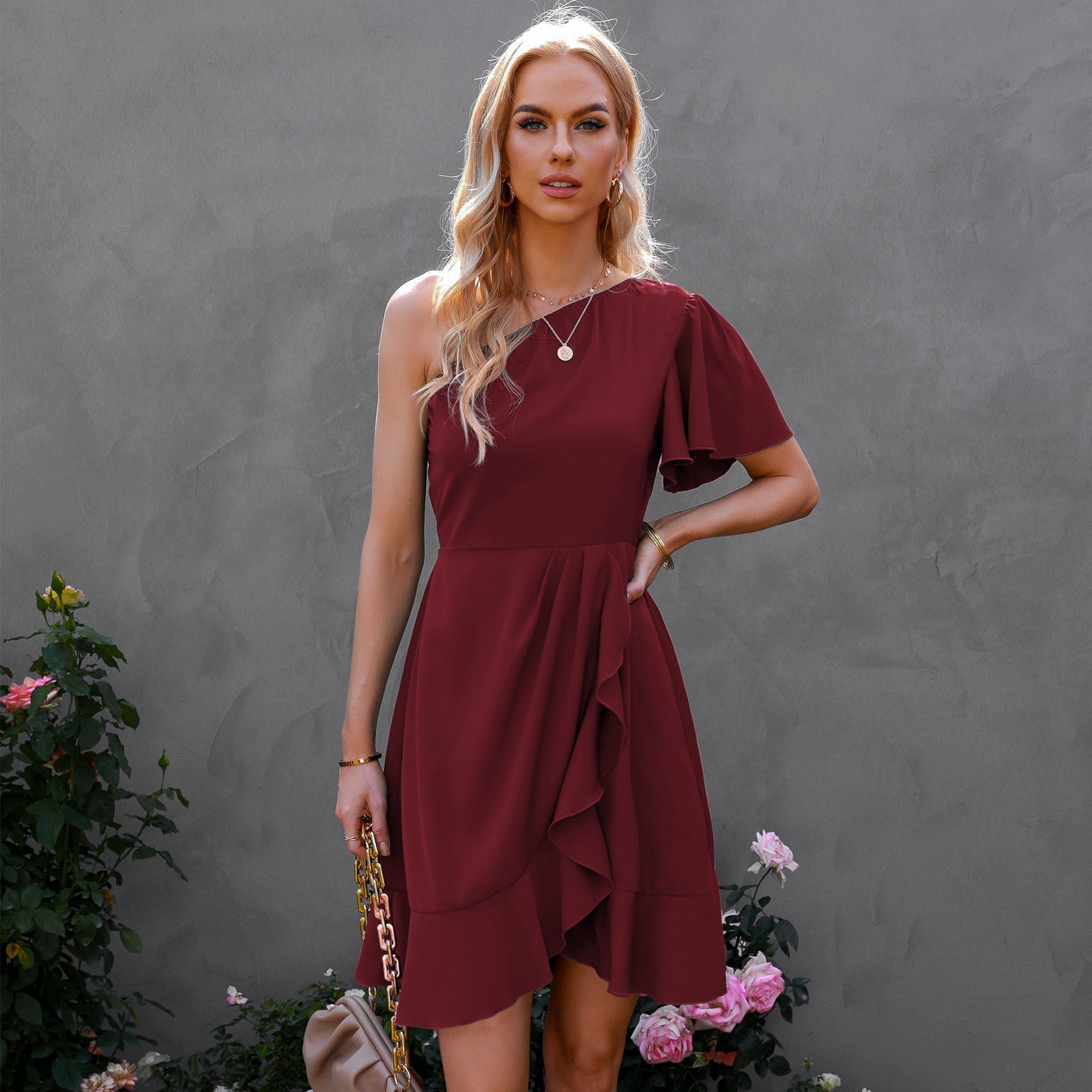 Kaine Satin One Shoulder Ruffle Dress Red FINAL