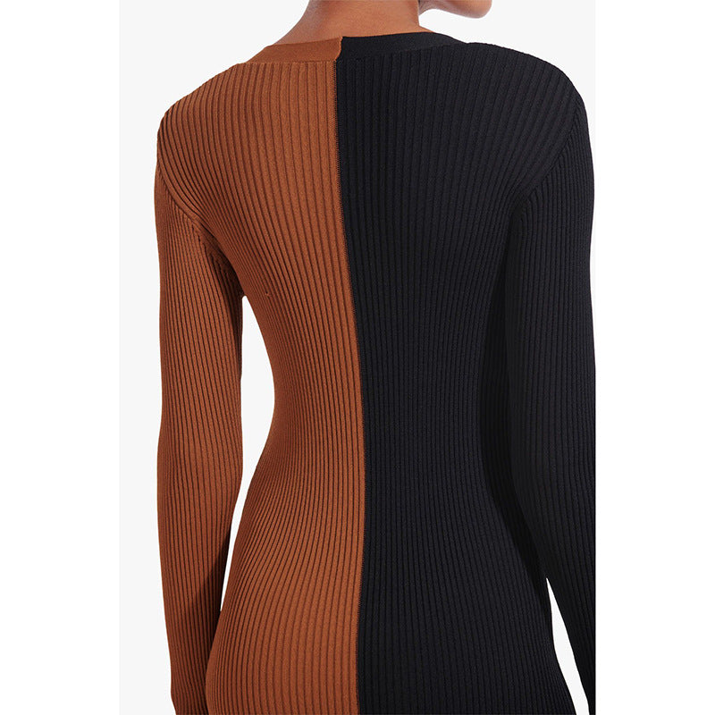 Abril Colorblock Button Front Knit Midi Dress Black Tan