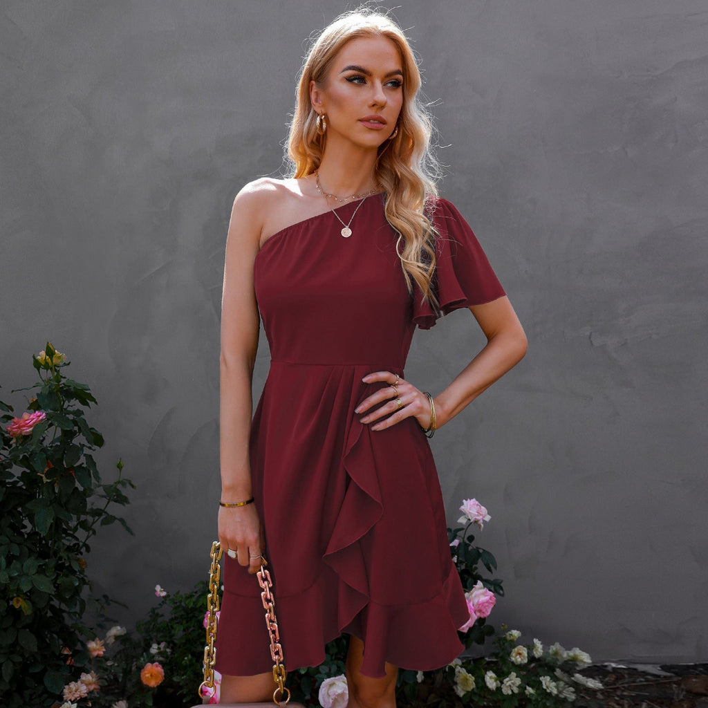 Kaine Satin One Shoulder Ruffle Dress Red FINAL