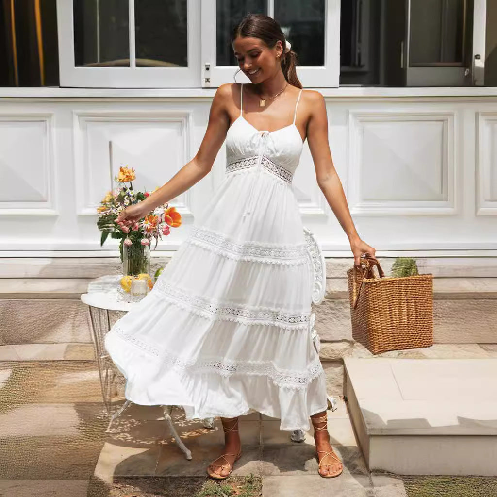 Bohemian Sling Dress Lace Stitching Large Swing Dress