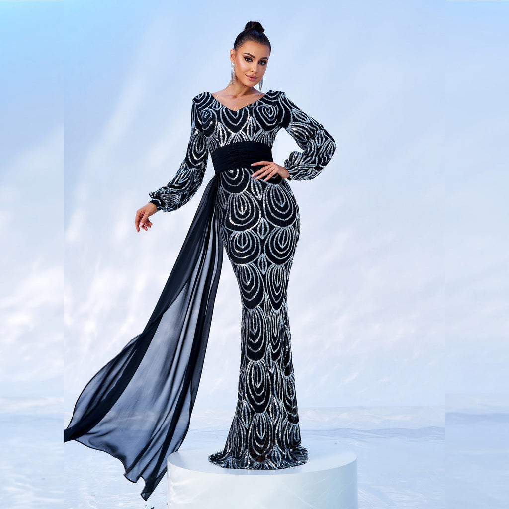 Long Sleeve Long Sequined V neck Cocktail Ribbon Evening Dress Bridesmaid