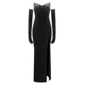 Drilling Strapless Dress with Gloves Black Dress