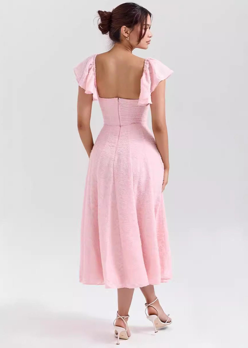 Rosalie Textured Flutter Sleeve Midi Dress