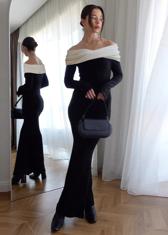 Noir Elegance Off Shoulder Contrast Maxi Dress