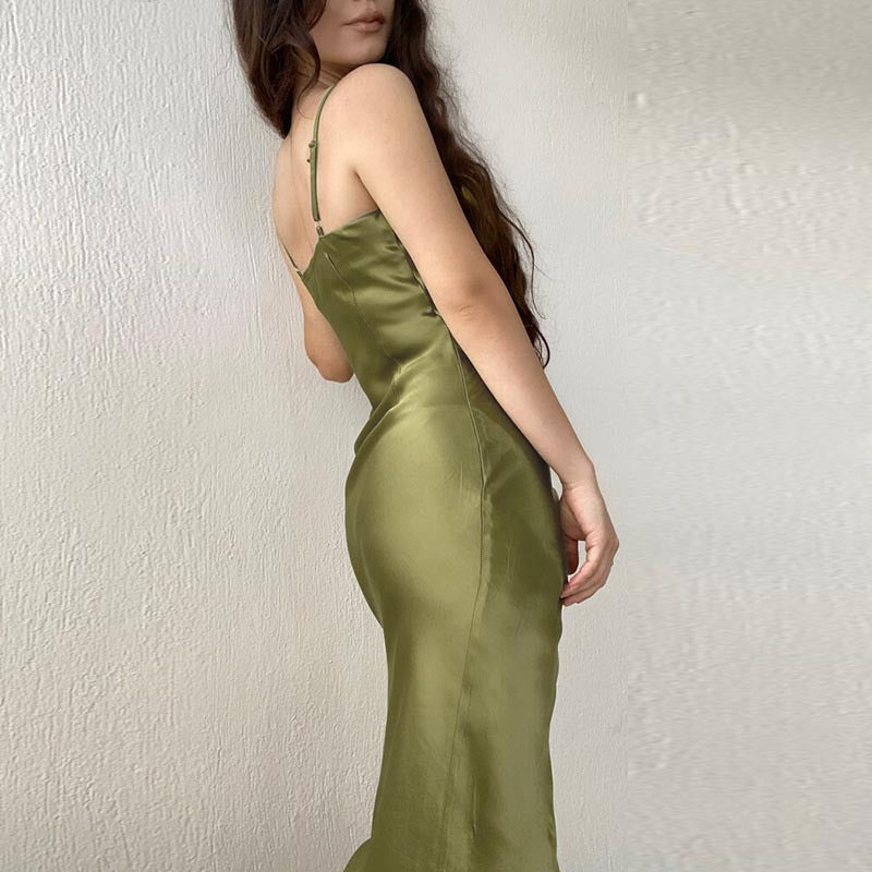 Turn Of Events Satin Midi Slip Dress Olive