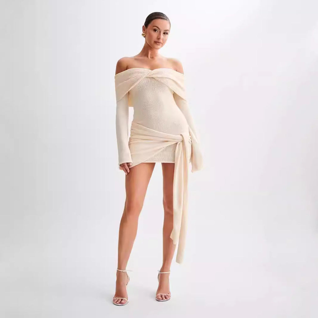 Sidony Waist Knot Off Shoulder Knitted Mini Dress