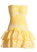Zaria Strapless Ruffle Mini Dress Smocked Yellow Eyelet