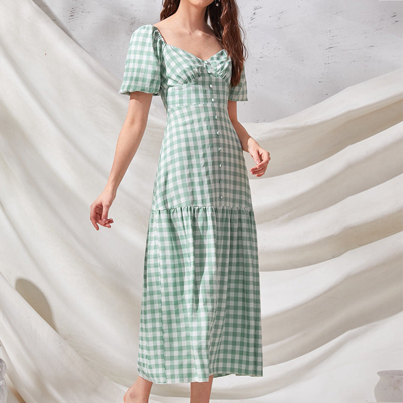 Rye Puff Sleeve Gingham Midi Dress Hunter Green