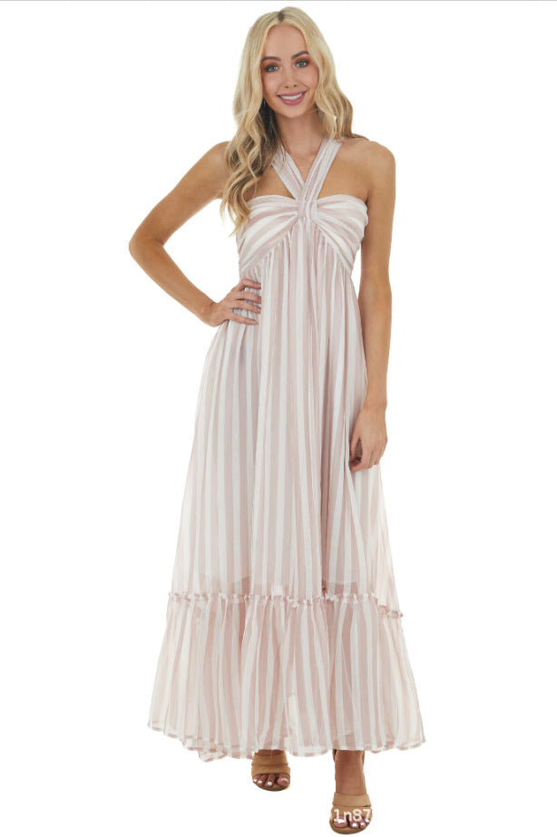 Evelyn Striped Halter Maxi Dress Blush Multi